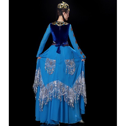 Women blue color chinese Xinjiang dance performance costume adult opening dance big swing skirt Uyghur ethnic stage performance dresses for female